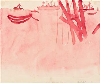 LESTER JOHNSON (1919-2010) Coastal Scene with Ships.